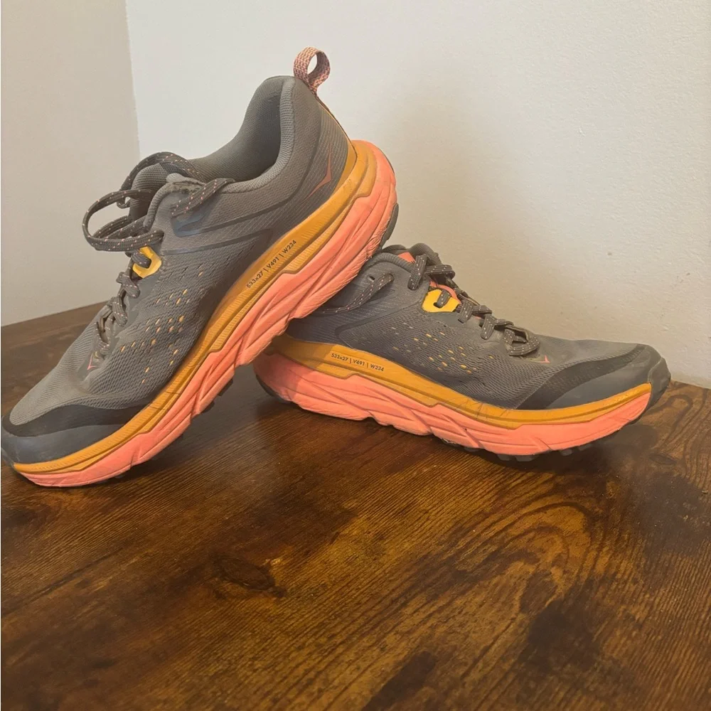 Hoka Gray and Coral Athletic Shoes - Picture 3 of 6